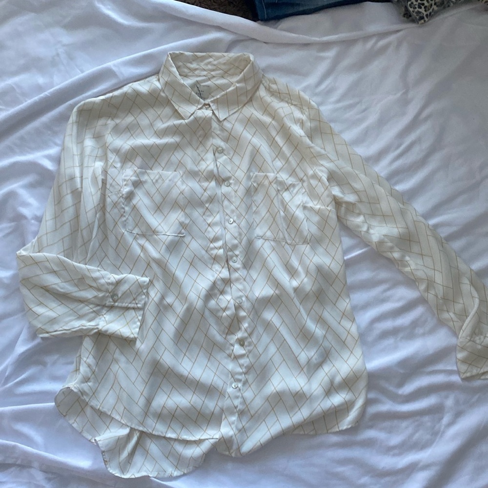 White silky button up long sleeve blouse